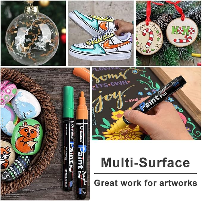 Overseas Acrylic Paint Marker Pens - 12 Colors Permanent Markers, Medium Tip, Water Based, Quick Dry, Waterproof Paint Pen Set for Rock, Wood, Plastic, Metal, Canvas, Glass, Fabric, Mug, Stone