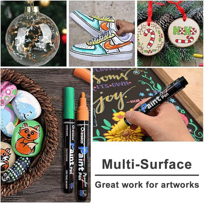 Overseas Acrylic Paint Marker Pens - 12 Colors Permanent Markers, Medium Tip, Water Based, Quick Dry, Waterproof Paint Pen Set for Rock, Wood, Plastic, Metal, Canvas, Glass, Fabric, Mug, Stone