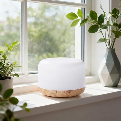 500ML Essential Oil Diffuser, Home Aroma Diffuser, Humidifier for Bedroom Large Room, Quiet 5-in-1 Humidifier: 7 Color LED, 2 Mist Mode, Remote Control, Timer, Waterless Auto Off-Wood Bottom