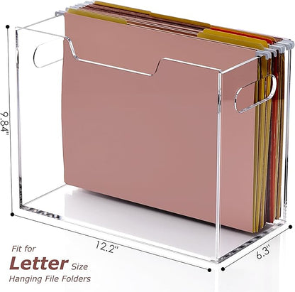 DINGHUO Acrylic File Folder Organizer Box, Letter Size Hanging File Organizer, Clear File Holder with Handles, Desktop Office Supplies Filing Storage Crate for Home Work School - 1 Pack