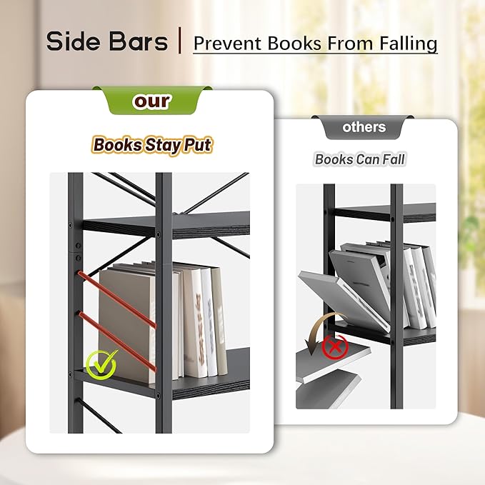5 Tier Bookshelf, Industrial Tall Bookcase, Modern Display Shelves with Metal Frame and Sidebars for Bedroom, Living Room and Home Office, Black