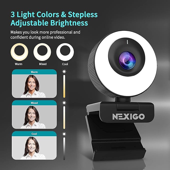 NexiGo N620E 60FPS AutoFocus ePTZ Webcam, 2X Digital Zoom, Ring Light & Privacy Cover, [Software Included], 1080P FHD Streaming Web Camera, Dual Stereo Mics, for Zoom Skype Teams (Renewed)