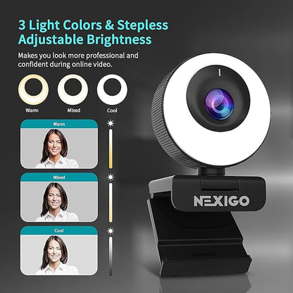 NexiGo N620E 60FPS AutoFocus ePTZ Webcam, 2X Digital Zoom, Ring Light & Privacy Cover, [Software Included], 1080P FHD Streaming Web Camera, Dual Stereo Mics, for Zoom Skype Teams (Renewed)