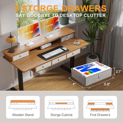 XINYAO Electric Standing Desk with 5 Drawers, 55x24 Inch Height Adjustable Sit Stand Up Desk with Storage Support 290lbs Ergonomic Rising Table with Wheels for Home Office
