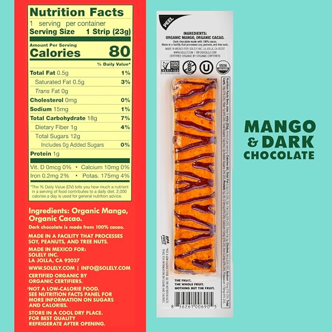 SOLELY - Organic Mango Chocolate Drizzled Fruit Jerky - 1 Individually Wrapped Fruit Strip - Fruit Leather Made from Dried Fruit - Healthy Snacks for Adults & Kids - Vegan - 0.8oz (23g)