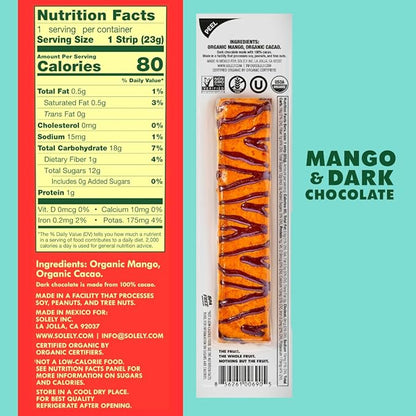 SOLELY - Organic Mango Chocolate Drizzled Fruit Jerky - 1 Individually Wrapped Fruit Strip - Fruit Leather Made from Dried Fruit - Healthy Snacks for Adults & Kids - Vegan - 0.8oz (23g)