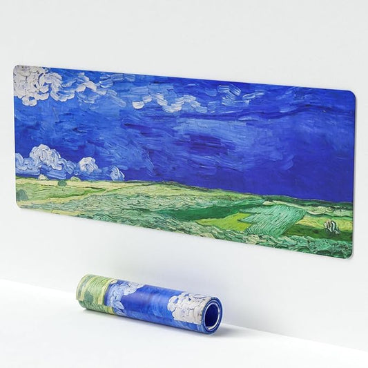 XL Van Gogh Mouse Pad, Large Oil Painting Field Gaming Mouse Mat, 31.5" x 11.8" Desk Mat with Non-Slip Base and Stitched Edge for Home Office Gamer