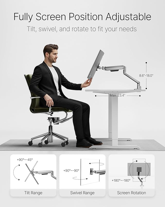 monTEK Deluxe Monitor Arm for 17 to 40 Inch Curved Screens with Cable Management Aluminum Fully Adjustable Single Monitor Arm with Clamp/Grommet, Quick Release Plate,75x75/100x100 VESA, MA1008SL