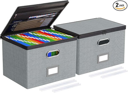 Oterri 2 Pack Large File Organizer Boxes with Lids, File Box with Mesh Pockets, Document Organizer Box for Letter/Legal Size Folders, Zippers Important Document Organizer (Grey, Without Folders)