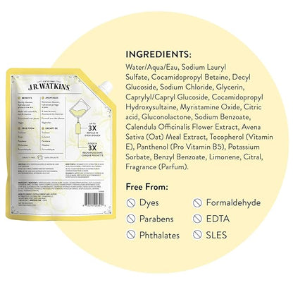 J.R. Watkins Gel Hand Soap Refill, Moisturizing Hand Wash, Formulated with Plant-Based Cleansers, Alcohol-Free, Cruelty-Free, Lemon, 34 Fl Oz, 2 Pack