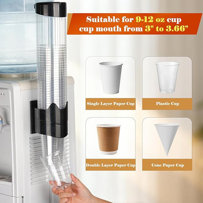 Upgraded Cup Dispenser, Wall Mount Pull Type Water Cooler Cup Holder for 9oz - 12oz Disposable Paper Plastic Cups for Home Office, with Magnetic Mounting Plate (Black)