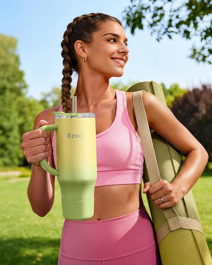 Renoj Tumbler with Handle 100% Leak Proof Insulated Water Bottle for Iced Coffee & Hot Drinks - Fits Car Cup Holder, Ideal Gift, 2 Straws & Silicone Boot BPA-Free - SnapShift Green Gradient 40 oz
