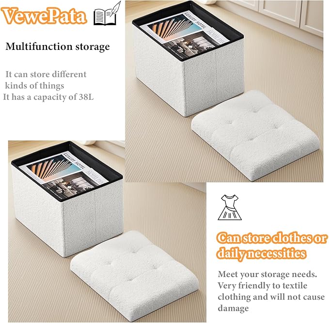 Storage Ottoman Foot Stool,Faux Teddy Tufted Foot Rest, Space Saver Chair with Storage,Ergonomic Stool for Bedroom/Living Room/Desk/Office (White, 17" D x 13" W x 13" H)