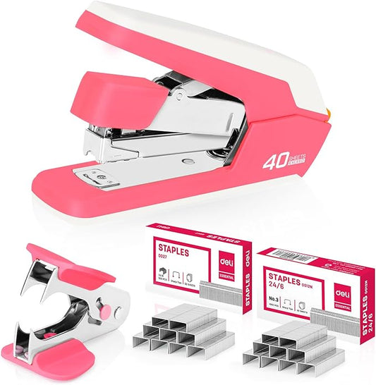 Deli Effortless Desktop Stapler, Heavy Duty Stapler, 40-50 Sheet Capacity, One Finger, No Effort, Includes 1500 Staples & Staple Remover, Rose