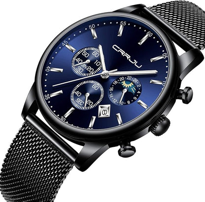 CRRJU Men's Fashion Casual Watches Auto Date Chronograph Watch Men Nice Work Watches Waterproof 30M Full Steel Quartz with Mesh Strap
