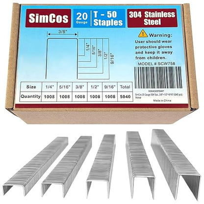 20 Gauge 304 Stainless Steel T/50 Staples - 3/8" Crown Upholstery Staples, 1/4"~9/16" Leg Length, 1008 Counts, Compatible with Staple Gun & T-50 Stapler (1/4"+5/16"+3/8"+1/2"+9/16"-5040 pcs)