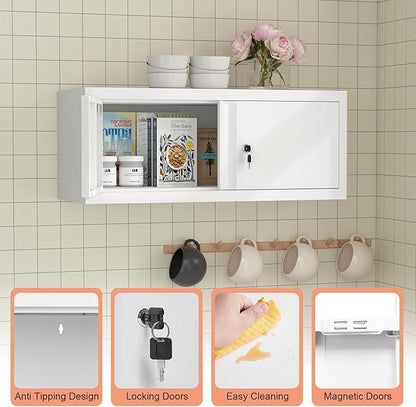 LUCYPALGarage Wall Cabinet with Doors,Metal Locking Storage Cabinet,Floating Tool Cabinet for Kitchen,Garage,Workshop,Warehouse(12.8" H,White)