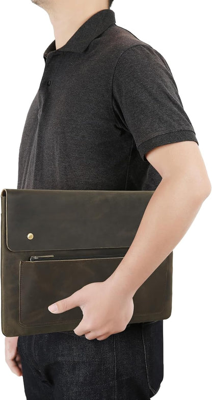 Genuine Leather Sleeve for 13/14/15-in MacBook Pro & MacBook Air, Slim Protective Laptop Case, Folio Document Organizer Leather Folder Portfolio-Grey