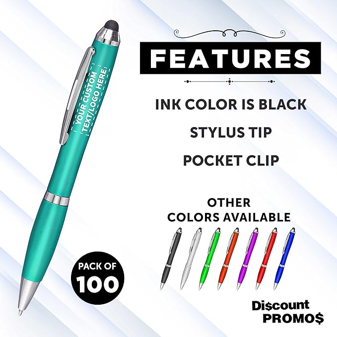 DISCOUNT PROMOS Custom Plastic Stylus Pens Set of 100, Personalized Bulk Pack - Black Ink, Great for Office, School, Business, Tradeshows, Events - Teal