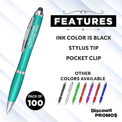 DISCOUNT PROMOS Custom Plastic Stylus Pens Set of 100, Personalized Bulk Pack - Black Ink, Great for Office, School, Business, Tradeshows, Events - Teal