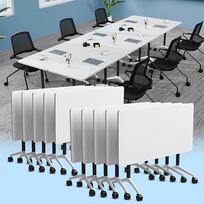 Conference Table, Foldable Conference Room Tables with Silent Wheels, Folding Modular Seminar Meeting Tables, Modern Rectangle Training Table for Office, Boardroom (10, White2, 55.1)