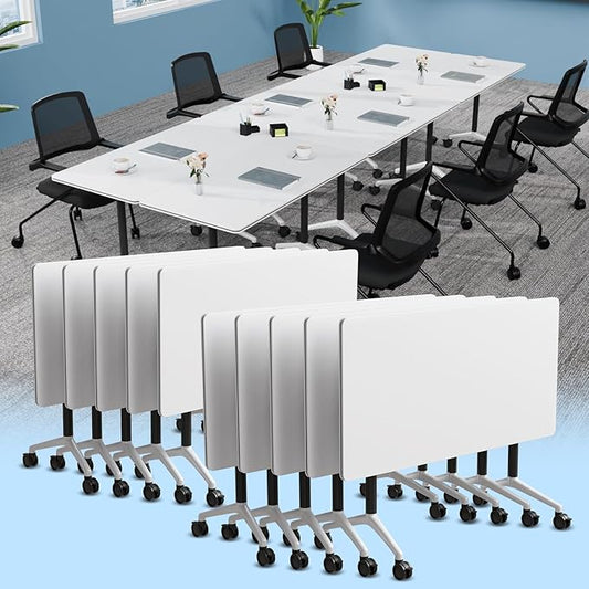 Conference Table, Foldable Conference Room Tables with Silent Wheels, Folding Modular Seminar Meeting Tables, Modern Rectangle Training Table for Office, Boardroom (10, White2, 55.1)