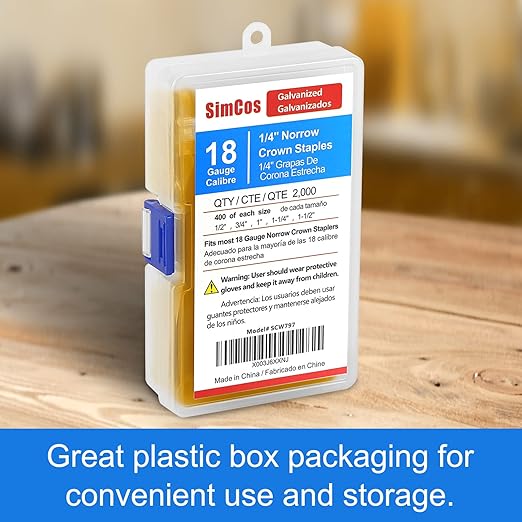 18 Gauge 1/4" Narrow Crown Staples (1-1/2",1-1/4" 1", 3/4", 1/2"), 2000 pcs Galvanized Assorted Sizes for 18 GA Pneumatic or Electric Stapler or Staple Gun,Project Pack (Assembly 2000)