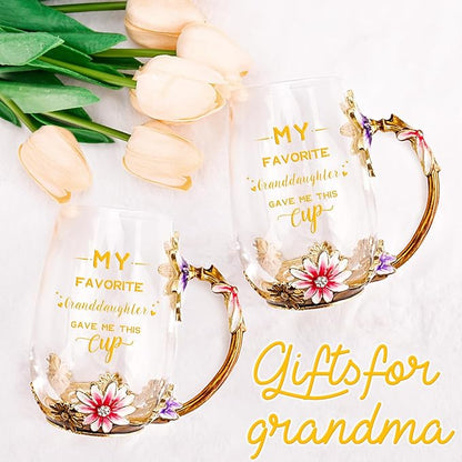 OEAGO Grandma Gifts from Granddaughter Tea Cup Birthday Grandparent Gifts Mothers Day Enamel Flower Glass Mugs from Grandkids Grandchildren