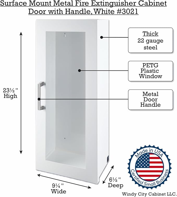 Fire Extinguisher Mount - White Cabinet with Door - 22 Gauge Steel, Powdercoat Finish, Metal Handle, Universal Wall Mountability - 5 -10 lb. Capacity - Made in USA - Extinguisher Not Included