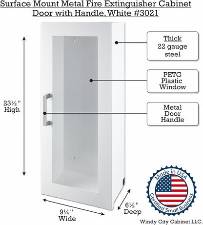 Fire Extinguisher Mount - White Cabinet with Door - 22 Gauge Steel, Powdercoat Finish, Metal Handle, Universal Wall Mountability - 5 -10 lb. Capacity - Made in USA - Extinguisher Not Included