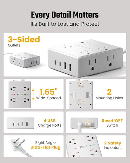 20Ft Long Extension Cord, Flat Plug Power Strip with 8 Outlets & 4 USB Ports (2 USB C), Wall Mountable Surge Protector, Desk Charging Station for Home Office, College Dorm Room Essentials