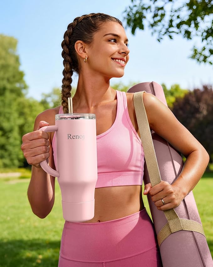Renoj Tumbler with Handle 100% Spill Resistant Insulated Water Bottle for Iced Coffee & Hot Drinks - Fits Car Cup Holder, Ideal Gift, 2 Straws & Silicone Boot BPA-Free - FlexSlide Light Pink 40 oz