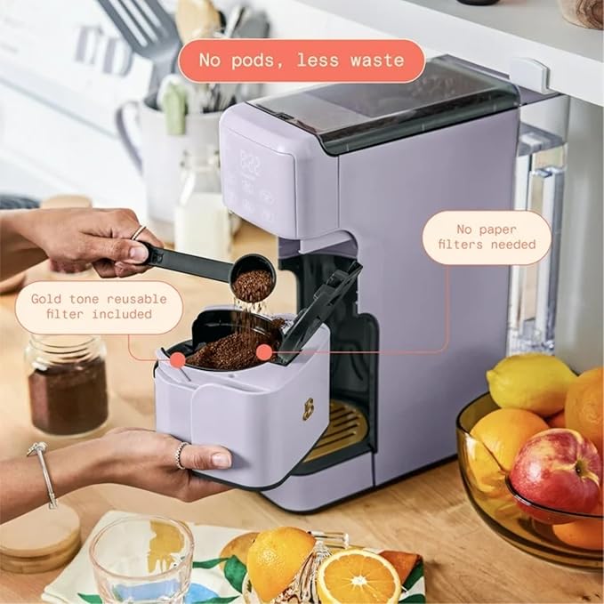 Beautiful Perfect Grind Programmable Single Serve Coffee Maker with Touch-activated Display, Programmable and Integrated Burr Grinder, 64oz Water Reservoir (Lavender)