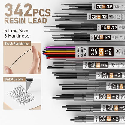 Nicpro 37PCS Gold Art Mechanical Pencil Set, 4PCS Metal Drafting Pencil 0.3/0.5/0.7/0.9 mm & 2PCS 2mm Lead Holder (6B 4B 2B HB 2H 4H) School Supplies for Sketching Drawing with 23 Tube Lead Refills