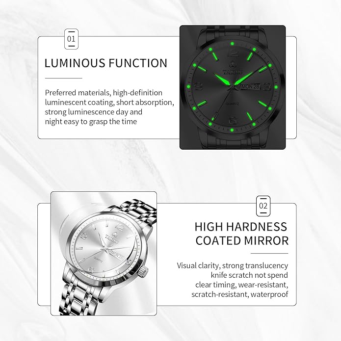 Stainless Steel Mens Watches with Day Date Quartz Analog Large Face Classic Watch Arabic Numerals Dress Luminous Rlojes para Hombres