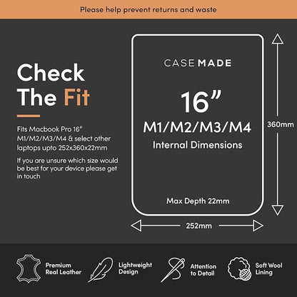 Casemade Real Leather Laptop Sleeve for MacBook Pro & Air Fits 13, 14, 15 & 16 Inch - Genuine Full Grain Leather with Soft Wool Lining (16 inch - Pro M1/M2/M3/M4)