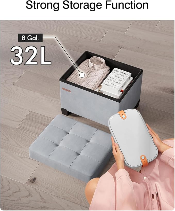 Cube Storage Ottoman, Velvet Foot Stool with Feet, Folding Storage Bench, End of Bed Bench, Storage Chest, for Living Room, Bedroom, 12.6 x 15.8 x 13.2 Inches, Dove Gray, ASND21G