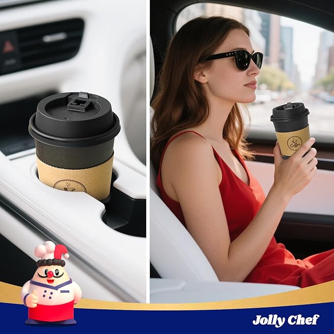 JOLLY CHEF 16 oz Coffee Cups-100 Pack, Disposable Black Hot Paper Cups with Lids, Sleeves and Stirrers for all Kinds of Beverages