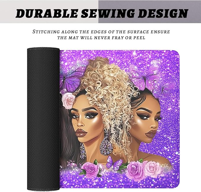 Black Women Gaming Mouse Pad Strong Purple Butterfly Floral Extended Gaming Mouse Pad Mat with Stitched Edge Non-Slip Base Big Mousepad 31.5"x11.8"