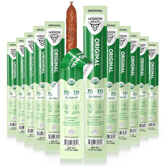 Mission Meats 100% Certified Organic Beef Sticks – Pasture-Raised, Zero Sugar, Non-GMO, Healthy Individually Wrapped Meat Sticks Snack, 0.75oz (24 Count)