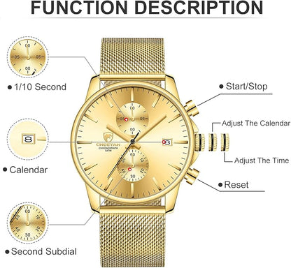 GOLDEN HOUR Mens Watch Fashion Sleek Minimalist Quartz Analog Mesh Stainless Steel Waterproof Chronograph Watches for Men with Auto Date