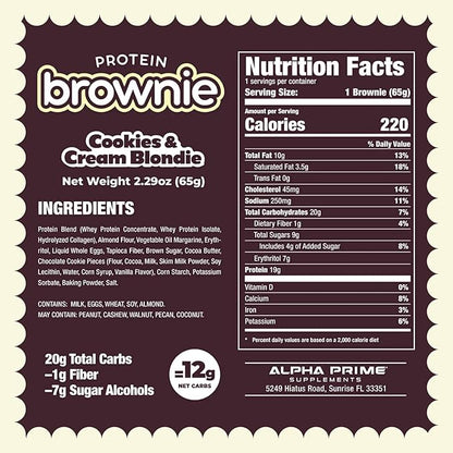 Prime Bites Protein Brownie from Alpha Prime Supplements | High Protein, Collagen Fortified Low Sugar Treat | Delicious Snack | 12 Bars per Box (Blueberry Cobbler)