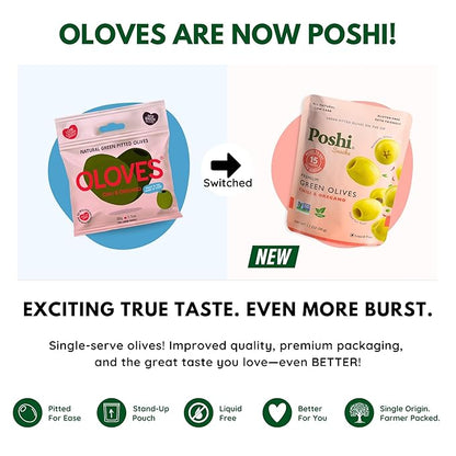 POSHI Green Pitted Olives - Chili & Oregano | Vegan, Kosher, Gluten Free + Keto Friendly, Fresh, All Natural Low Calorie Healthy Snacks | (30 Pack, 1.1oz Bags)