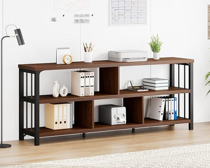 IBF Long Bookshelf, 63” Wide Low Open Book Shelf, Industrial 5 Cube Horizontal Bookcase for Bedroom Home Office, 3 Tier Wood Metal Cubby Storage Organizer Shelf for Living Room, Walnut, 63 Inch