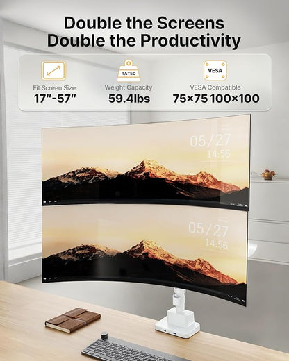 monTEK Sleek Aluminum Monitor Arm for 17–57” Ultrawide Screens up to 59 lbs, USB 3.0 A/C, Heavy Duty Dual Monitor Arm Desk Mount, Pneumatic Lift, Quick-Release Plate, Clamp/Grommet, max VESA 100x100
