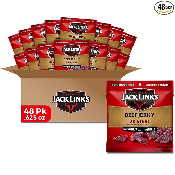 Jack Link's Beef Jerky, Original, Multipack Bags - Flavorful Meat and Protein Snacks for Lunches, Great Stocking Stuffers, Individual Packs - 7g of Protein, Made with 100% Beef - 0.625 oz (Pack of 48)