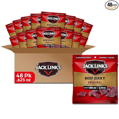 Jack Link's Beef Jerky, Original, Multipack Bags - Flavorful Meat and Protein Snacks for Lunches, Great Stocking Stuffers, Individual Packs - 7g of Protein, Made with 100% Beef - 0.625 oz (Pack of 48)