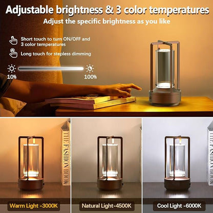 Small Cordless Table Lamps Rechargeable Set of 2 for Indoor/Outdoor, Portable Battery Operated Powered Lamps, Dimmable 3 Color Modes Waterproof, LED Desk Lights for Bedroom/Restaurant/Camping-Brown