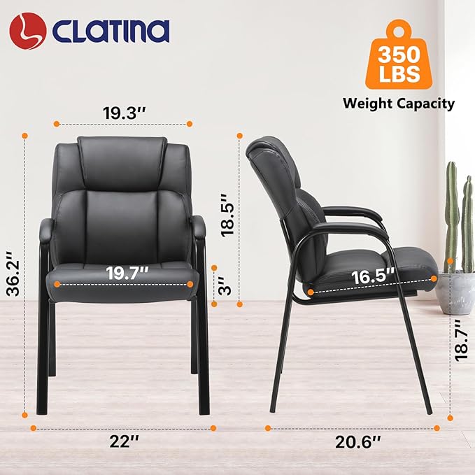 CLATINA Black Guest Chair with Arms, Office Reception Chairs for Conference and Waiting Room, Ergonomic Leather Visitor Desk Chair No Wheels Side Office Home Chairs, 4PK