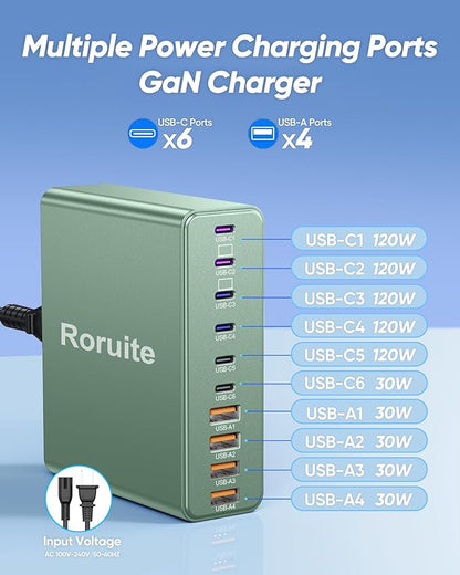 800W USB C Charging Station, 120W PD GaN5 Super Fast USB C Charger Block-10 Port, Type C for PC Laptop MacBook Pro/Air Charger Compatible with iPhone 17 16 15 14 13 12 Pro Max, iPad, Galaxy(Green)